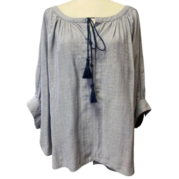 Lane Bryant Tops - Lane Bryant Blue & White Cotton Pinstriped Wide Cut Blouse with Tassels 18/20